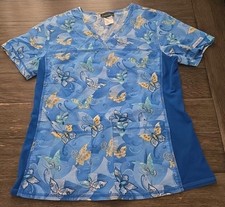 Cherokee Workwear Women  s V-Neck Butterfly Print Scrub Top Blue Stretchy Side M