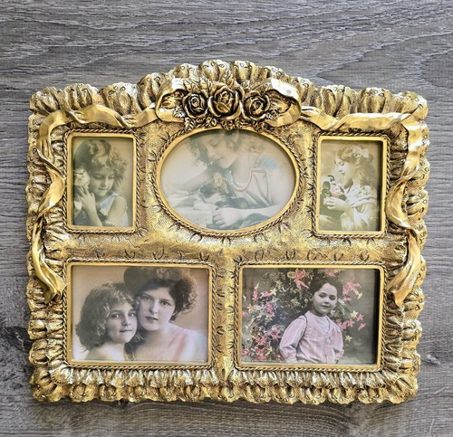 Gold Tone Collage Frame Decorated With Roses, Ribbons, and Lace Victorian Style