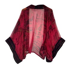Chico's Womens Silk Kimono Size ML Red Black Patchwork Embroidery Artsy Bohemian