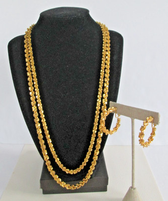 Vgt Golden Nugget 2 Strand Chain Necklace + Matching Clip on Hoop Earrings Retro