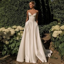 Elegant Satin Wedding Dresses A-Line Strapless Lace-up V-Neck Pleated Chic Bride