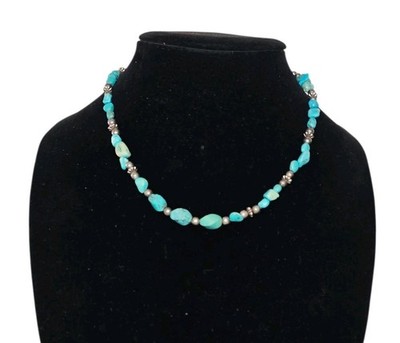 Native American Turquoise Nuggets & Silver Bead Necklace 18''
