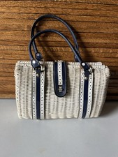 1960  s Vintage White With Blue  White Stripe Vinyl Woven Wicker Basket Purse