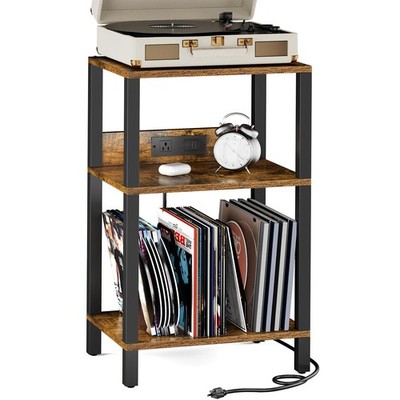 Brown 3Tier Record Player Stand Charging Station Holds 100 Albums TB01BB076