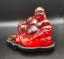 Vintage Chinese Red Resin 'Laughing Buddha' Budai on Carved Wood Stand