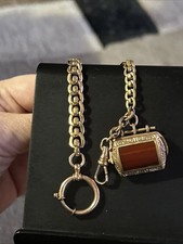 Vintage CHARNIER 1/10 Watch Chain Rose GF Abalone Carnelian Spinner GF Fob 11”