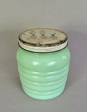Vintage Jadite Green Fire King Glass Grease Jar w/Original 'Three Tulip' Tin Lid