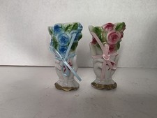 Vintage Porcelain Hand Vases Japan Set of 2 Pink Blue Floral Bow