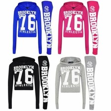 Girls Tops Kids Brooklyn 76 White Print Hooded Crop Top Legging Lounge Wear Sets