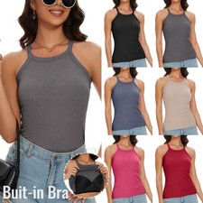 Womens Racerback Ribbed Camisole with Built in Bra Sleeveless High Neck Tops