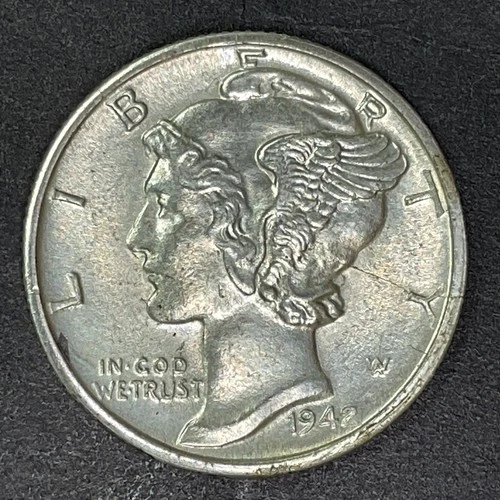 1942-D  Mercury Dime 10 cents USA Coin 90% Silver Liberty Freedom War WWII UNC