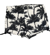 Black White Palm Print Swim Shorts Stretch Drawstring Women