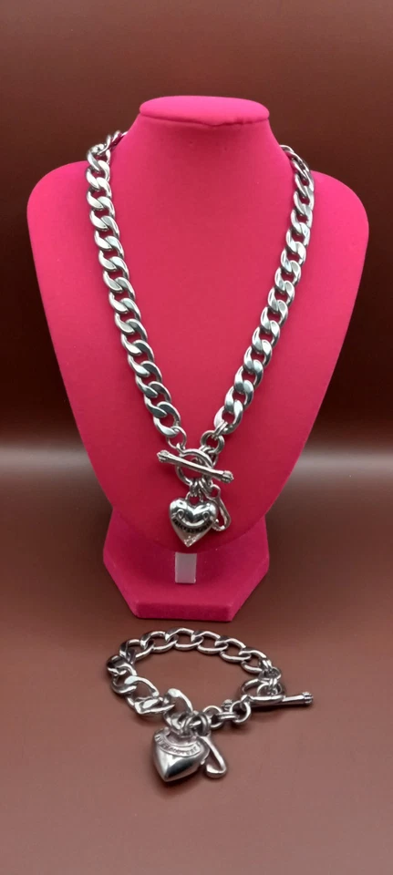 Y2K juicy Couture Puff Heart Silver Tone Necklace & Bracelet Set Vintage - Image 2 of 4