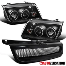 Fit VW 99-04 Jetta MK4 Black LED Dual Halo Projector Headlights+Hood Grille