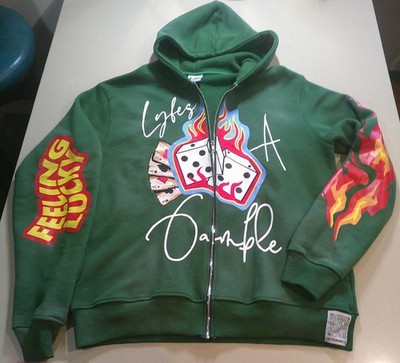 LIFEs A GAMBLE Hoodie Zippered Sweatshirt Mens 2X Cards & Dice Appliqued Green