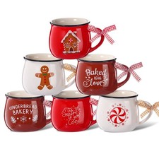 Sawysine Set of 6 Christmas 12oz Ceramic Coffee Mugs Holiday Gift Hot Cocoa Mugs