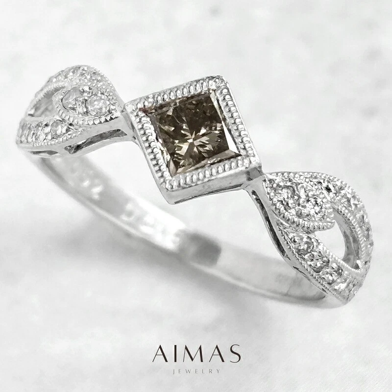 Natural Gray Diamond 0.52ct Ring K18WG 18K Weißgold Princess Cut Milgrain Unis - Bild 1 von 4