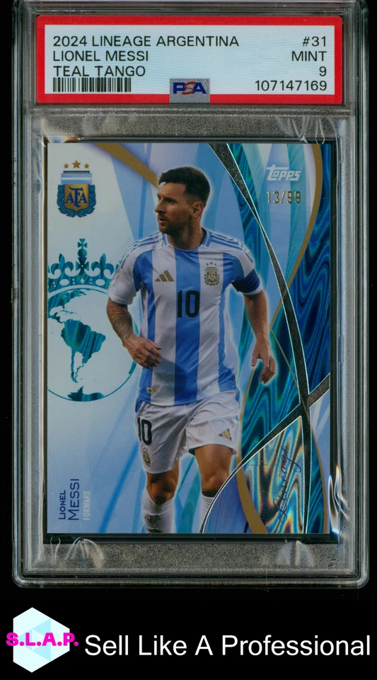 LIONEL MESSI TEAL TANGO TOPPS LINEAGE ARGENTINA 2024 31 13/99 PSA 9