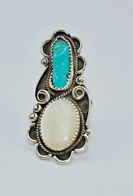 Navajo Turquoise & Mother of Pearl Sterling Silver Ring signed JC Size 6-1/4