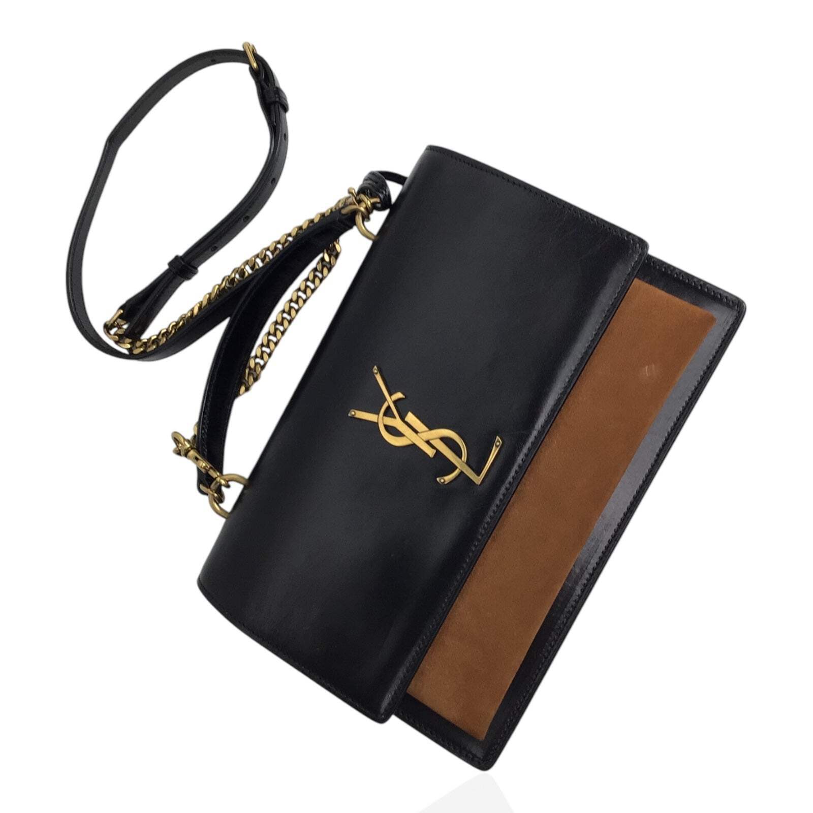 SAINT LAURENT Borsa a mano YSL Sunset in pelle di vitello nera e camoscio marrone con manico superiore