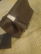 Laura Mercier Chocolate Brown Faux Leather With Zipper Top ,tassel Pull 6x4" New