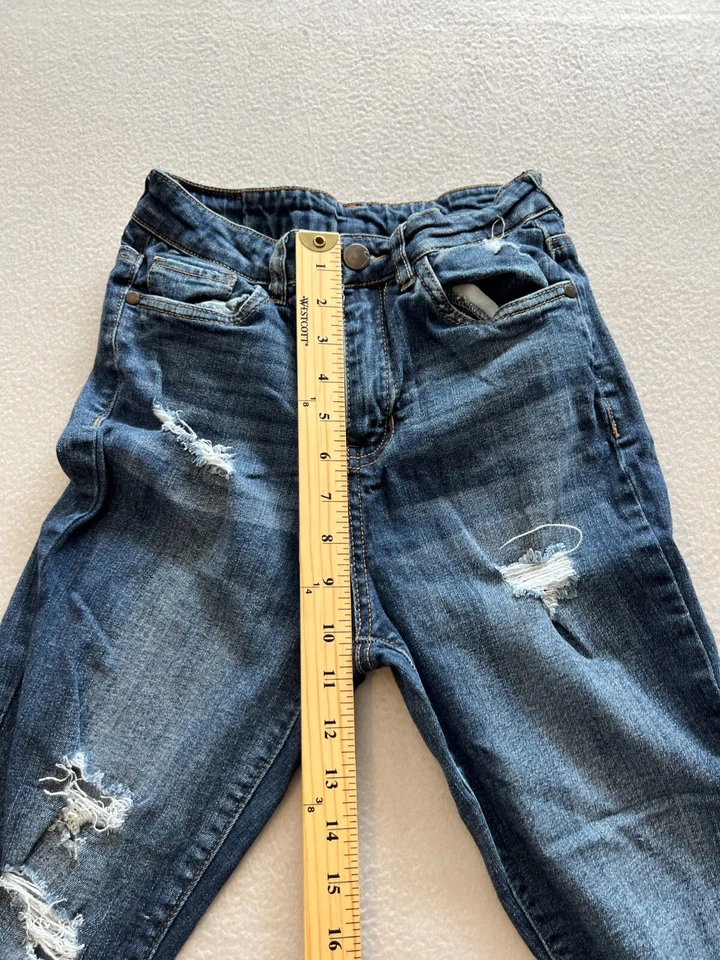 Pantalones de mezclilla ajustados para casa de muñecas niñas talla 3 azules tiro alto desgastados deshilachados elásticos Foto 3 de 4