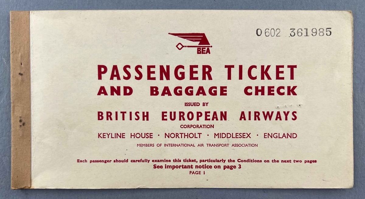 BEA BRITISH EUROPEAN AIRWAYS VINTAGE USED AIRLINE TICKET LONDON