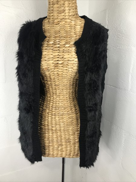 Mossman Black Wool Bled Knit Faux Fur Front Sleeveless Cardigan Vest Sz M