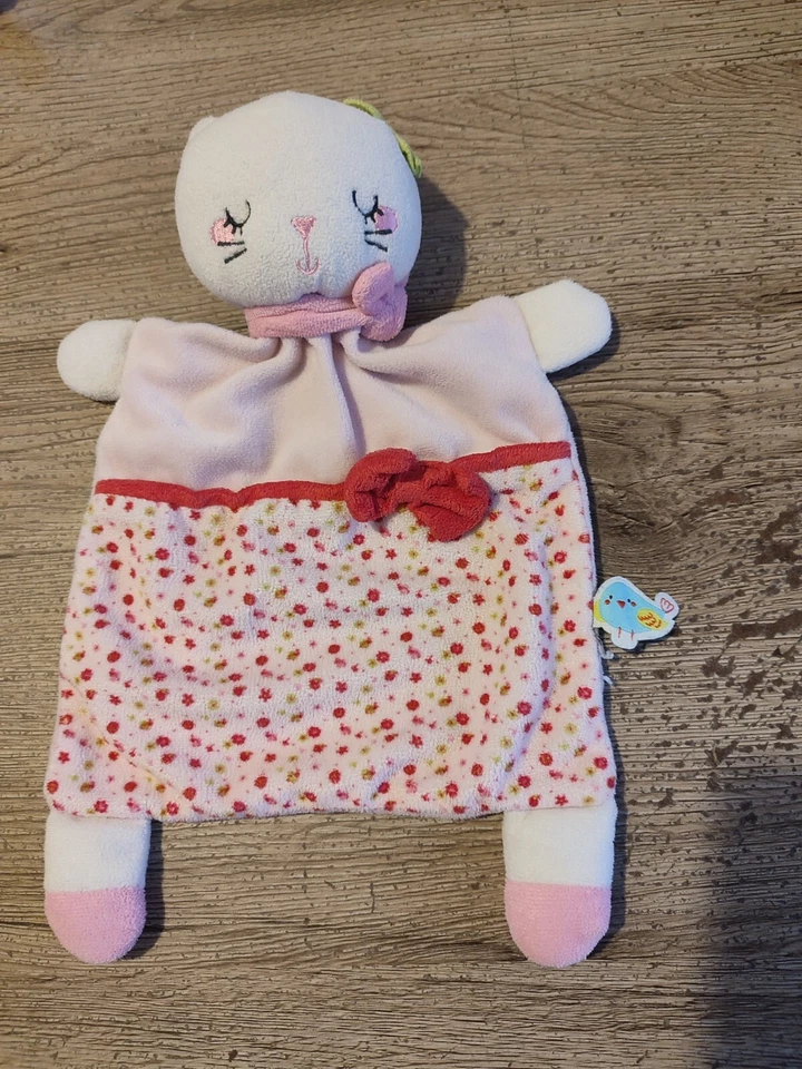 doudou plat chat rose blanc mots d enfants noeud oiseau noeud bon etat - Photo 1/1