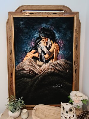 Vintage Black Velvet Oil Painting 39x28 Signed Luis D Native