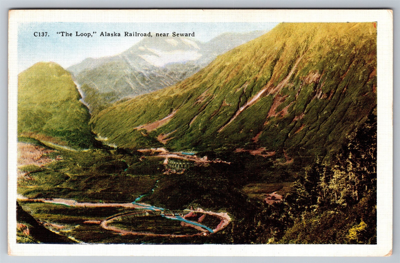 The Loop Alaska Railroad Birdseye View Seward Alaska WB Postcard K7