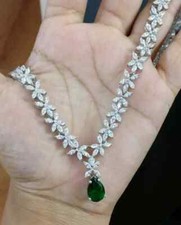 15CT Pear Cut Lab Created Emerald Women's Tennis Necklace 14K Gold Plated 18  