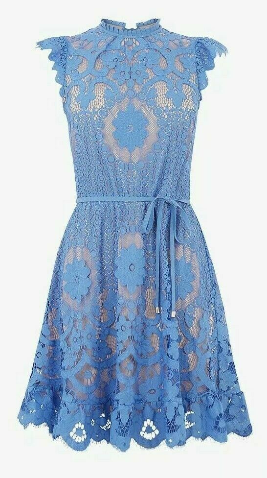 Oasis Cornflower Blue Floral Portrait Intricate Eyelash Lace Dress 16 was  £55 | eBay UK