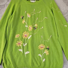 Vintage Quacker Factory Sweater Womens Large Embroidered Flowers Bumble Bees