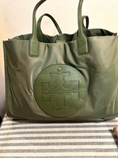 Tory Burch Green Tote Bag, Magnetic Snap, Gold Hardware, Logo, Inner Pockets