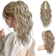 FLUFYMOOZ Ponytail Extension, 18 Inch Claw Clip, Wavy Curly Light Blonde