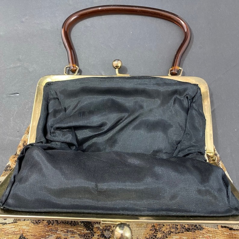 Tapestry Floral Kiss Lock Top Handle Bag Lined Beige Brown Gold Hardware
