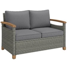 Outsunny 2 Seater Rattan Garden Sofa with Acacia Wood Armrests, Dark Grey