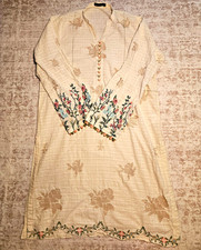 J. Pret Women  s Ivory Cotton Jacquard Embroidered Kurta/Kurti, Size M