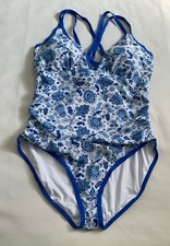Women's One Piece Swimsuit blue White Floral Plus Size 2XL