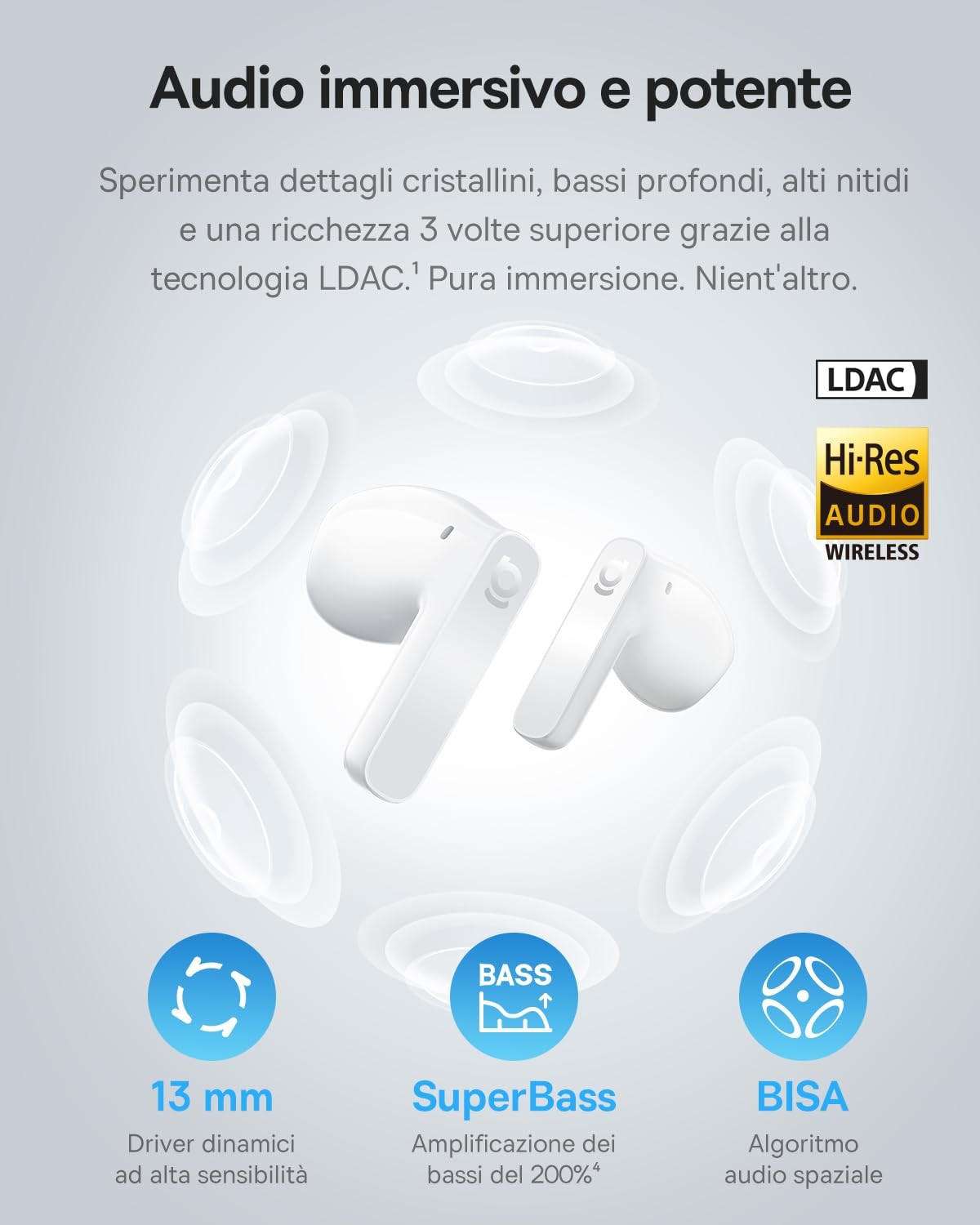 Baseus BS1 NC Cuffie Bluetooth 6.0 Semi-In-Ear – ANC Adattivo, Hi-Res LDAC, 6-Mic AI, 40 Ore, IP55 - 3
