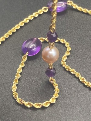 Vintage JCM Jacmel Mauritius 18k Gelbgold Amethyst & Perle 18'' Seil Halskette 6,3g