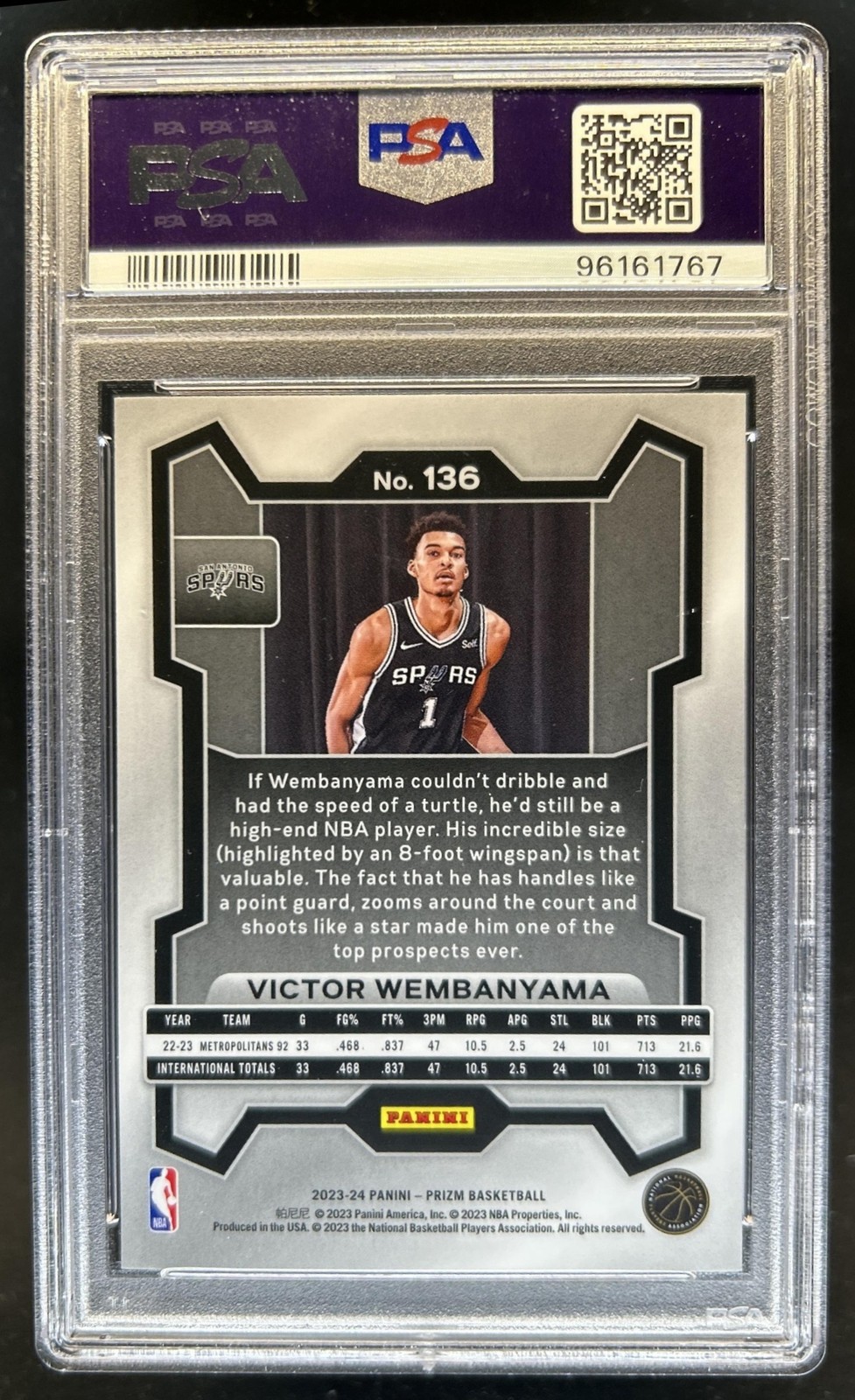 2023-24 Panini Prizm Victor Wembanyama RC Rookie #136 Spurs PSA 9 view 2