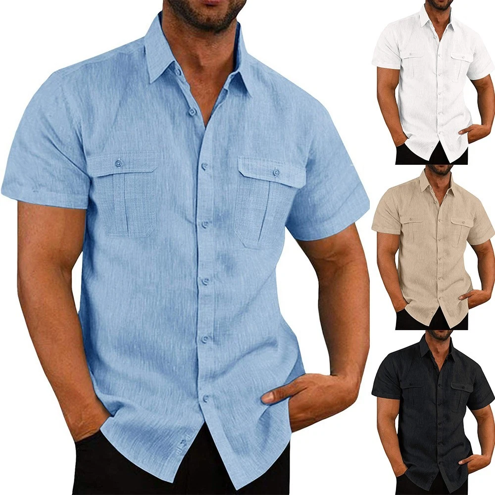 Mens Shirts Mens Tops Summer T-shirt Blouse Two Pocket Beach Button Casual
