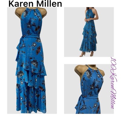 ◆KAREN MILLEN◆ クリスタルアップリケ ジャンプスーツ / blue Karen Millen UK12 EU40 US8 Blue Floral Halter neck Layered