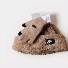 Nike Beanie Hat Youth Cozy Peak Beanie  Gloves Winter Set Tan