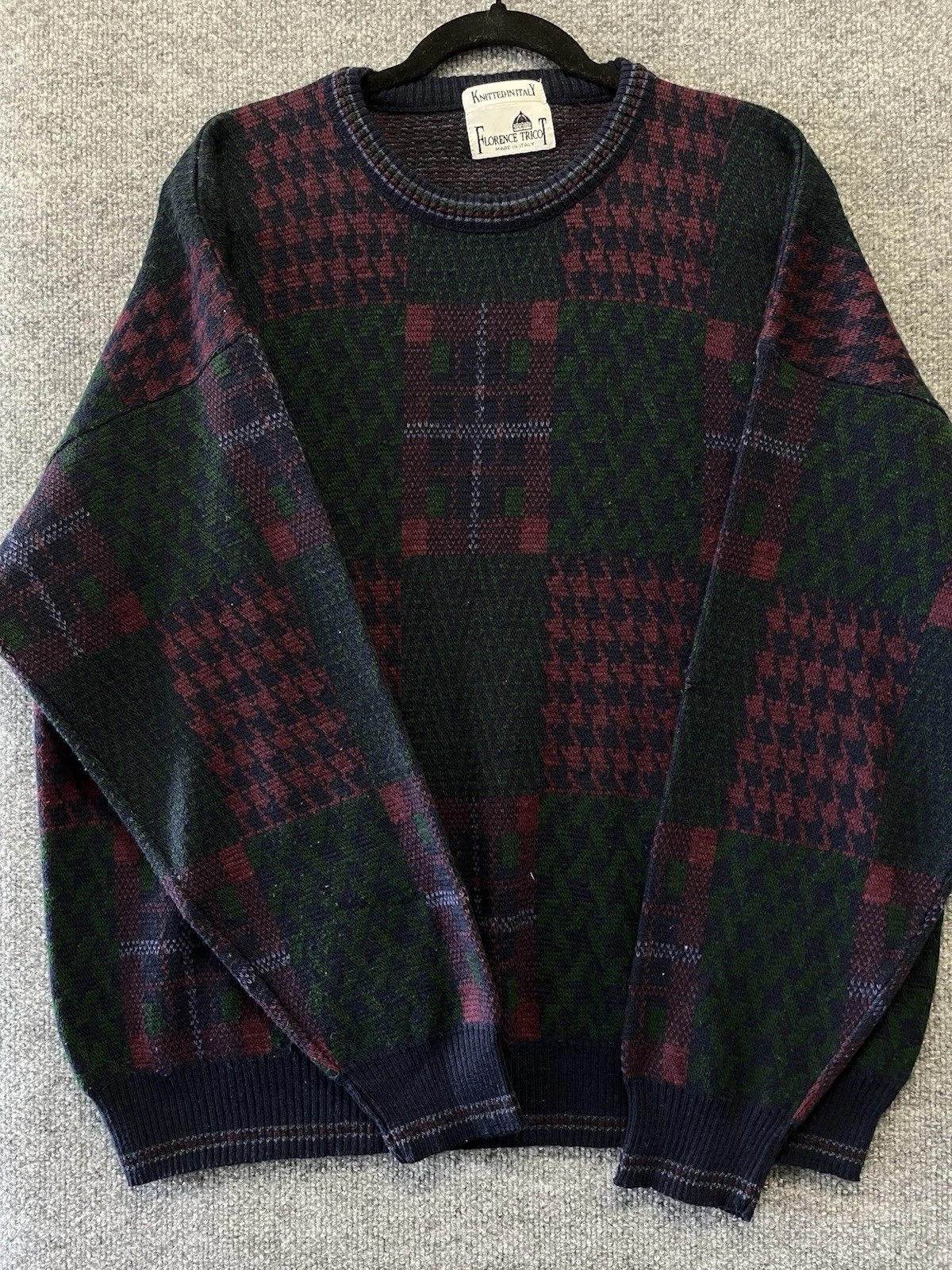 Vtg Florence Tricot Sweater Mens XL Multicolored Geometric Long Sleeve Crewneck