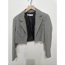 Zara Womens Gingham Cropped Blazer Black White Check Long Sleeve Jacket XS