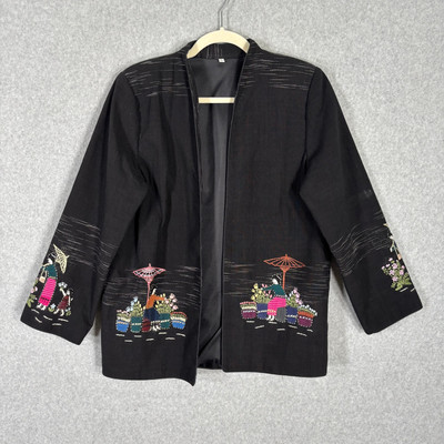 Womens Jacket Large Black Stitch Ornamental Kimono Japan Chinese Artsy Scene