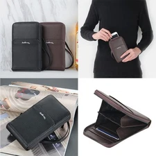 Mens Leather Zip Wallet Large Capacity Business Phone Bag Credit ID Card Holder